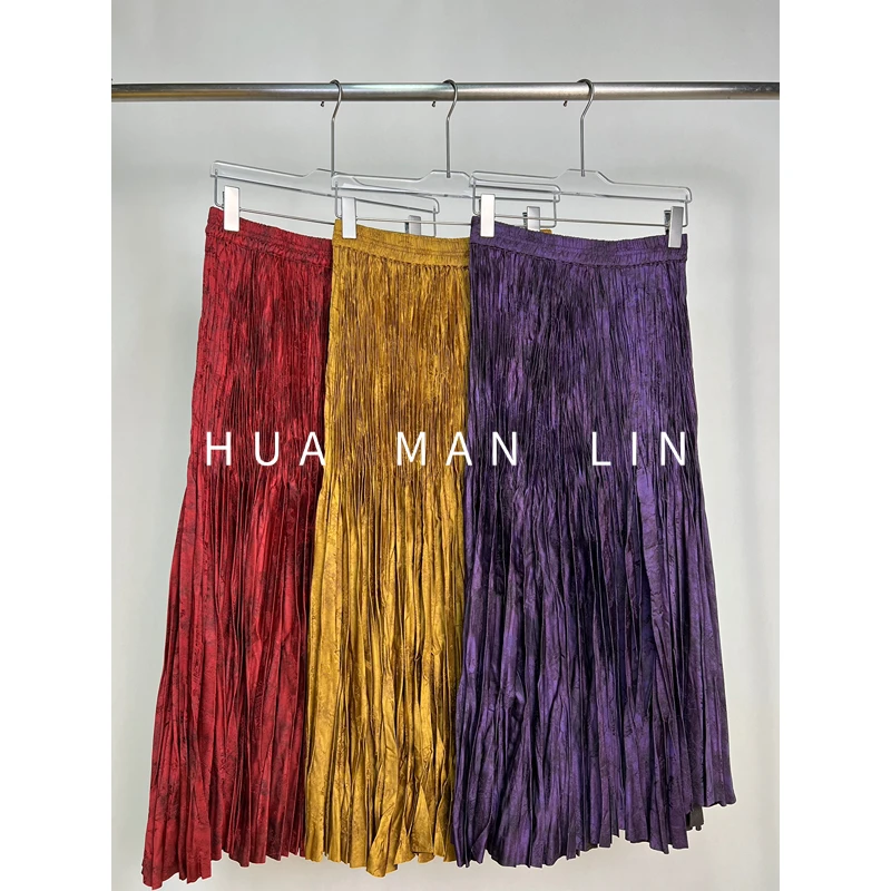 【花滿林】三色全松紧腰压褶大摆半身裙55507
