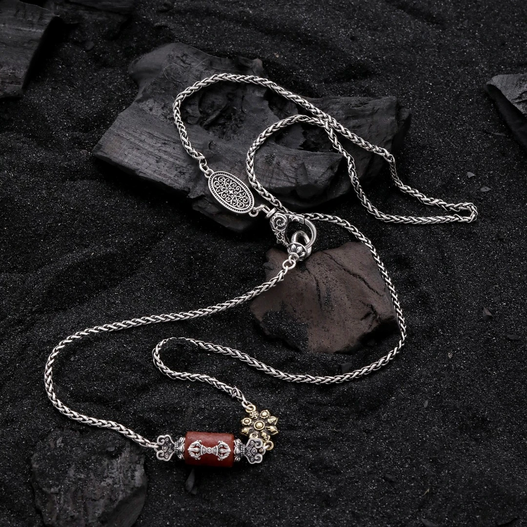 链子925银 N16516祥云杵红色桶珠八宝莲花链条银项链女复古民族风