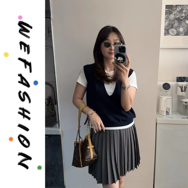 【WE】早秋纯色v领针织背心+短袖T恤两件套