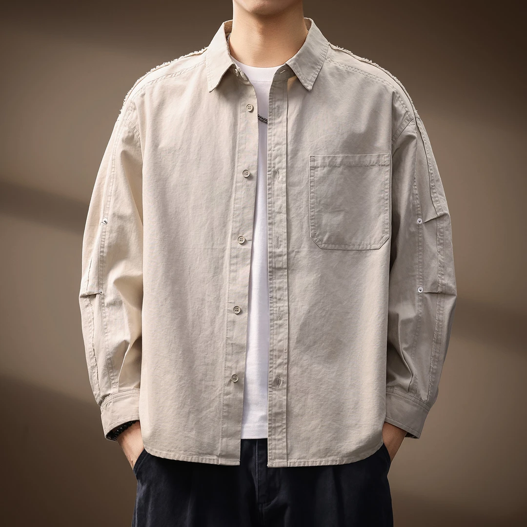 高端结构日系复古纯棉水洗工装衬衫男士秋季重磅休闲长袖衬衣外套