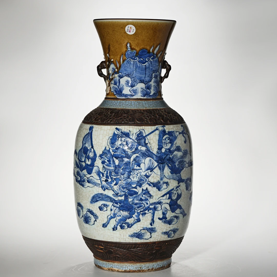 【预展专用】4038清晚期·哥釉青花刀马人物大瓶