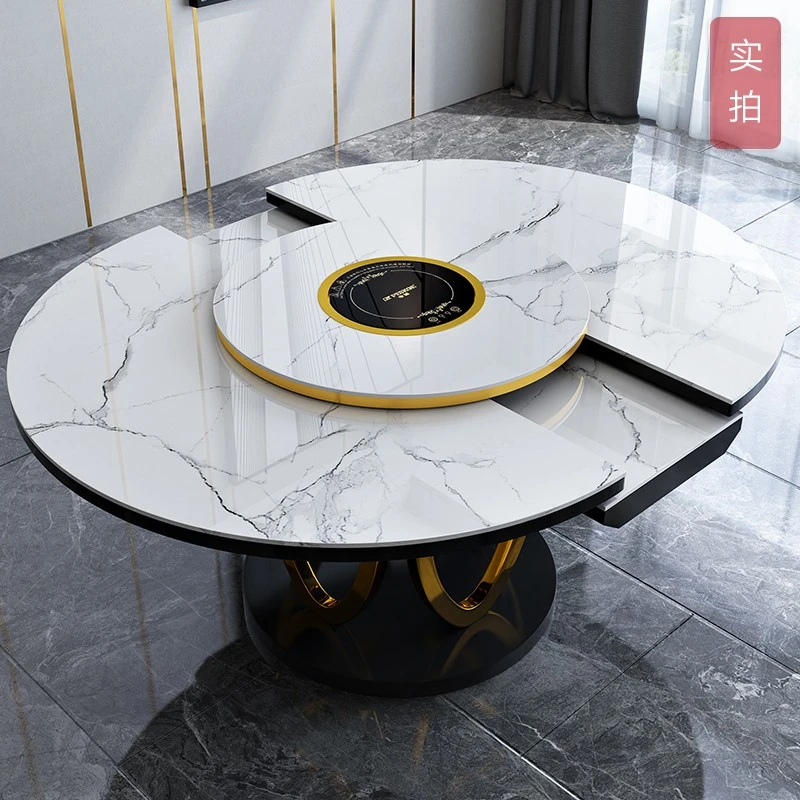 餐桌岩板折叠家用轻奢圆桌带转盘电磁炉可伸缩圆意式后现代