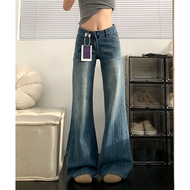 深蓝色竹节纹高个子牛仔裤女秋季新款低腰宽松复古微喇休闲直筒裤