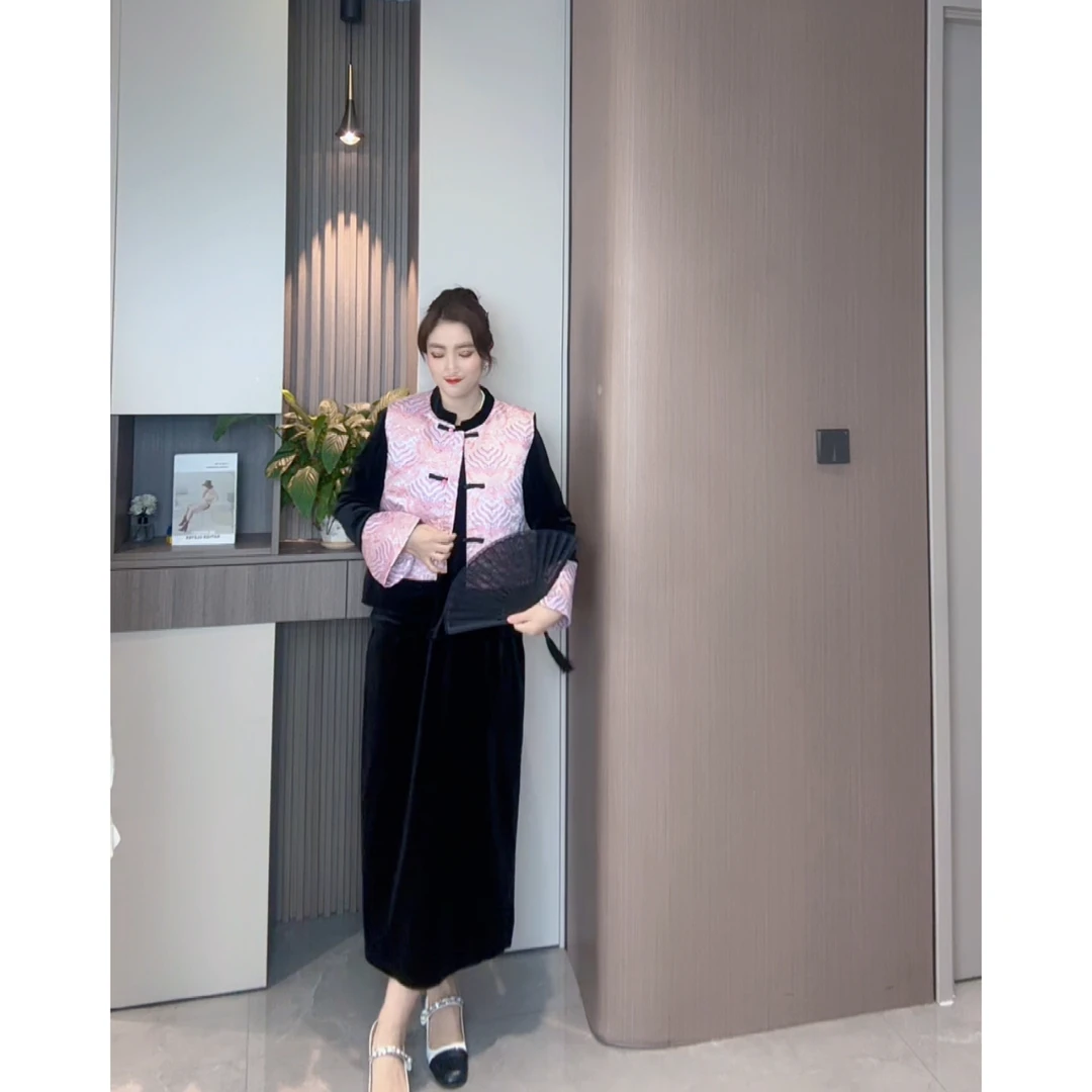 新中式拼接上衣显瘦长半裙三件套秋冬时尚国风