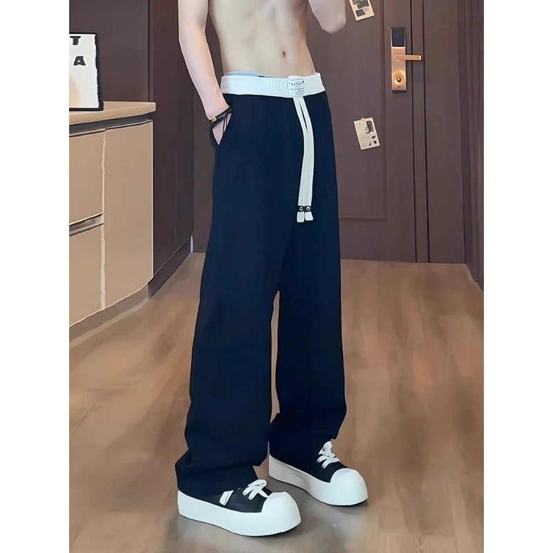 黑色美式弯刀裤子男款夏季垂感速干运动裤直筒宽松阔腿斜切休闲裤