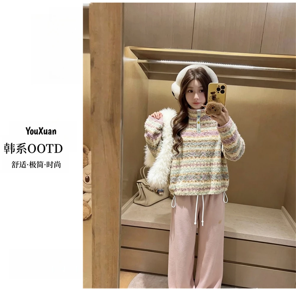 YOUXUAN-[慵懒条纹]25秋冬新款慵懒风加绒提花立领百搭卫衣X-5780