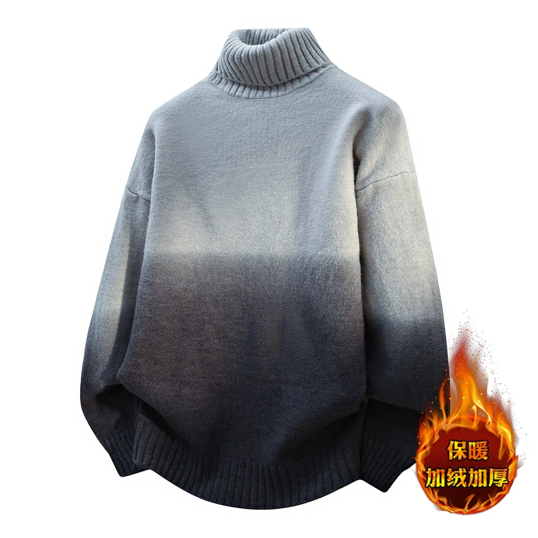 秋冬季加绒加厚渐变色加厚保暖高领毛衣宽松百搭运动休闲针织衫男