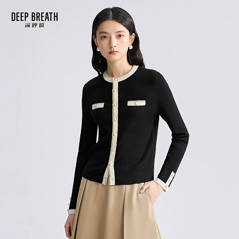 DEEP BREATH深呼吸女装圆领小香风拼色长袖针织开衫外套A401397