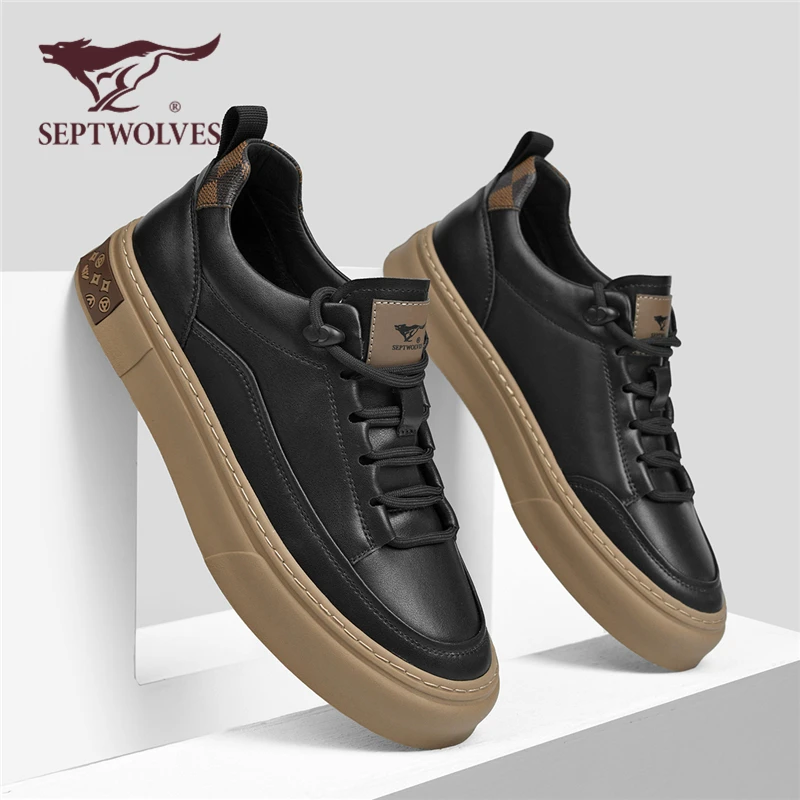 七匹狼真皮板鞋运动鞋皮鞋男士新款正品黑色鞋子男潮鞋男鞋