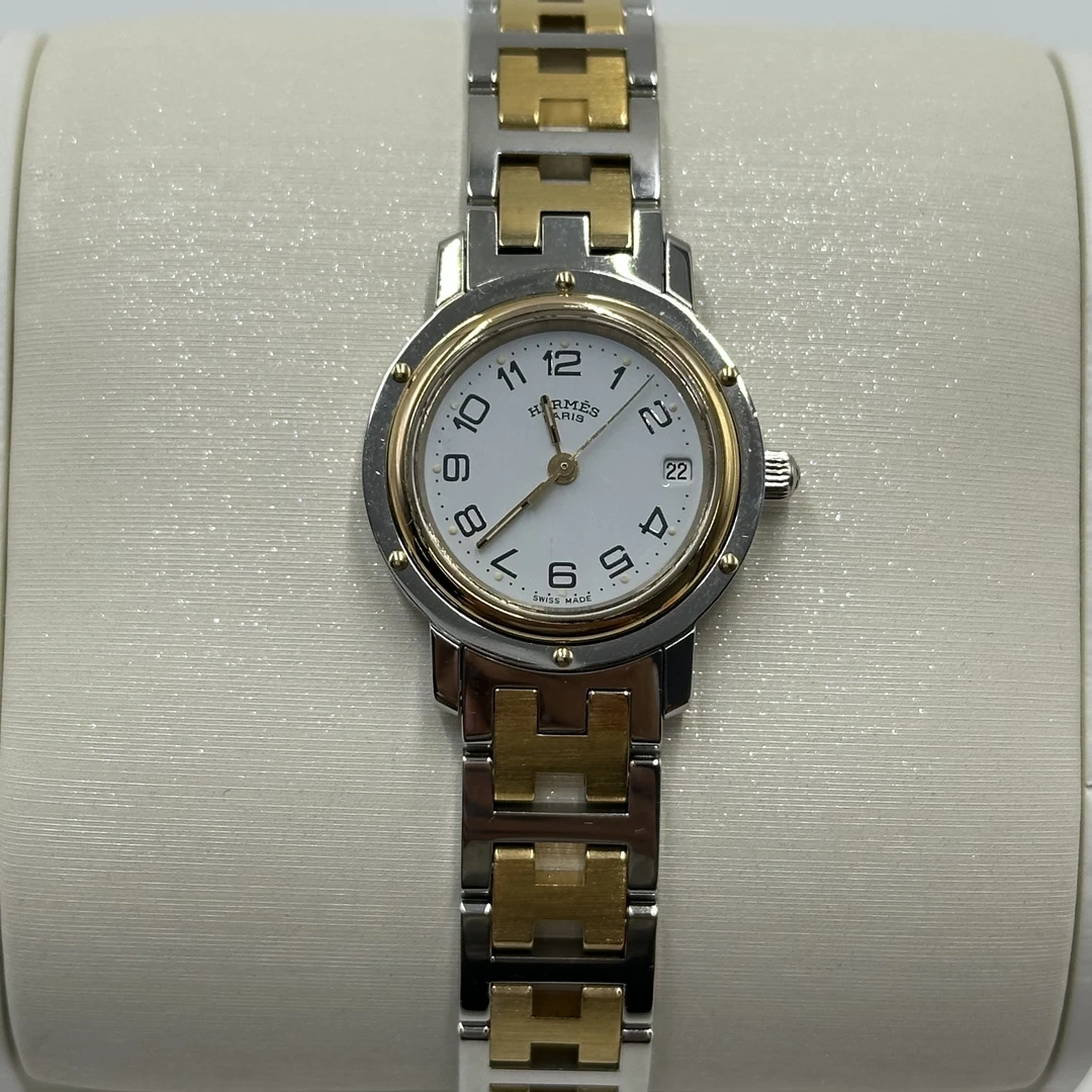 99新 Hermes/爱马仕 间金白盘石英表CLIPPER钢带30mm/H007