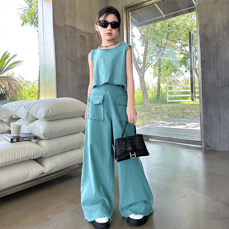 女童牛仔套装夏季2025新款洋气中大童毛边无袖上衣夏装儿童阔腿裤