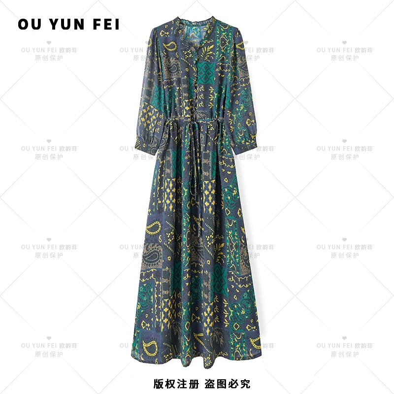 【孔雀蓝】高级感连衣裙女新款气质显瘦穿搭时尚洋气印花长裙F2118