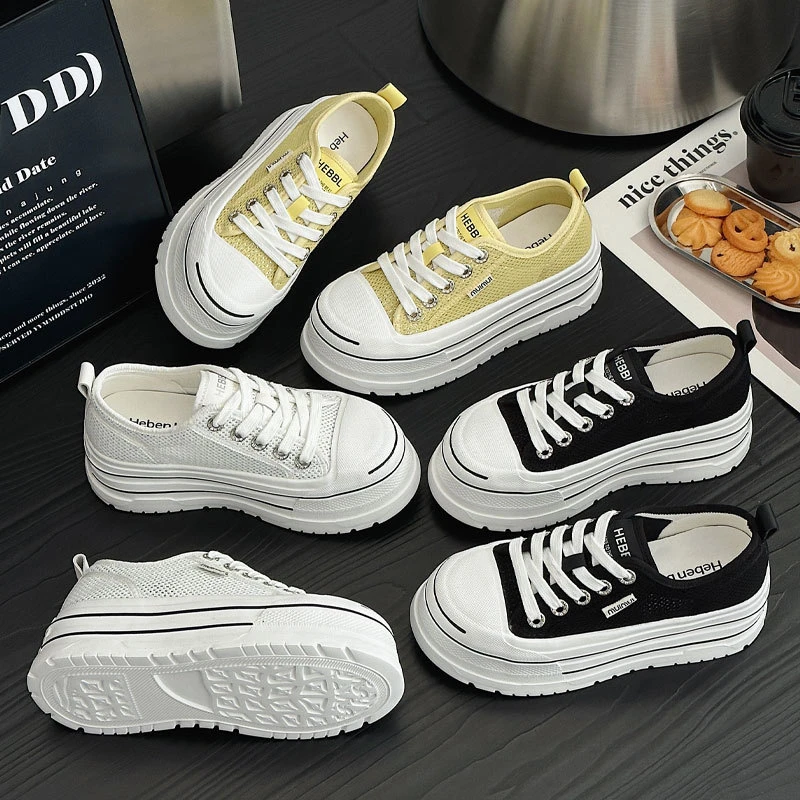 厚底透气帆布鞋女夏季薄款网面滑板鞋2025新款超轻增高休闲小白鞋