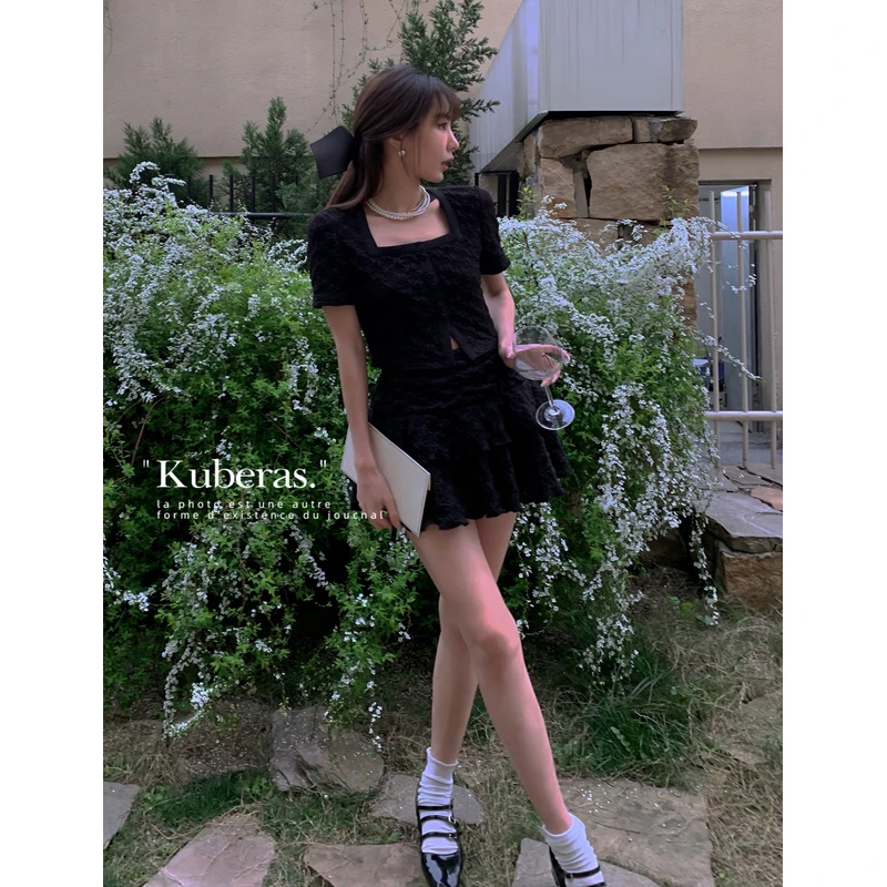 KUBERAS/必入设计师款高级气质轻薄防晒短袖外套高腰裙裤果冻套装