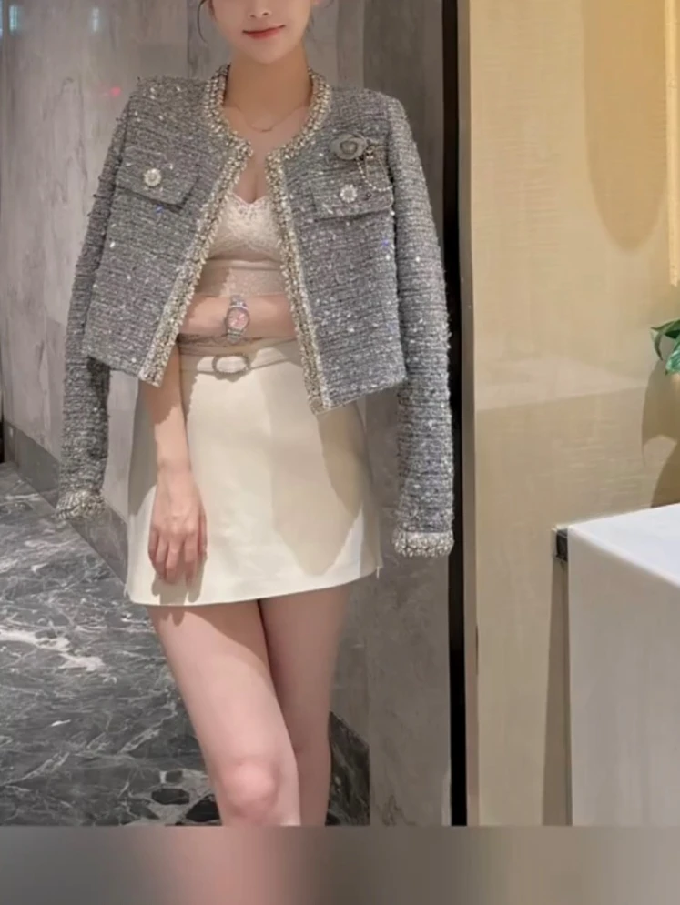 秋季新款时尚法式重工银色亮片钻边小香风气质长袖短款上衣外套