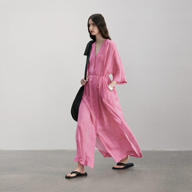 半圆落樱原创设计师2025夏季宽松遮肚苎麻连衣裙长裙D23214235