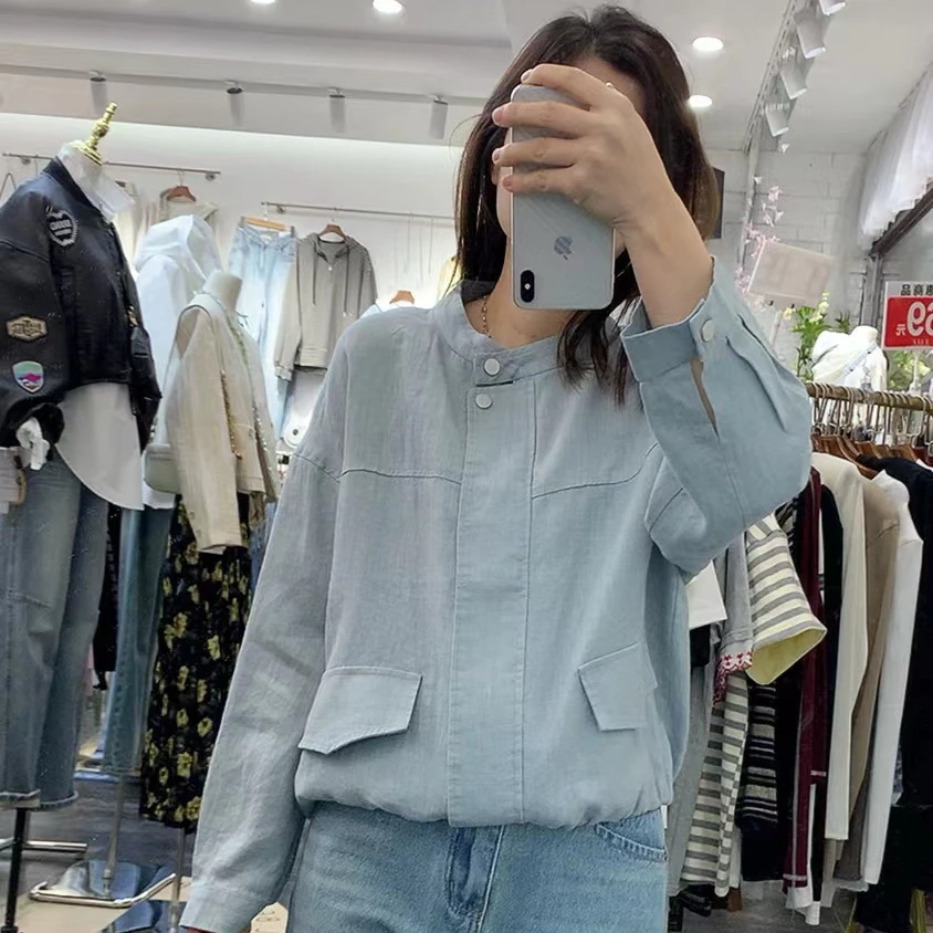 春夏新款薄料麻料高档精品清凉外套上衣女纯色百搭洋气气质高雅潮