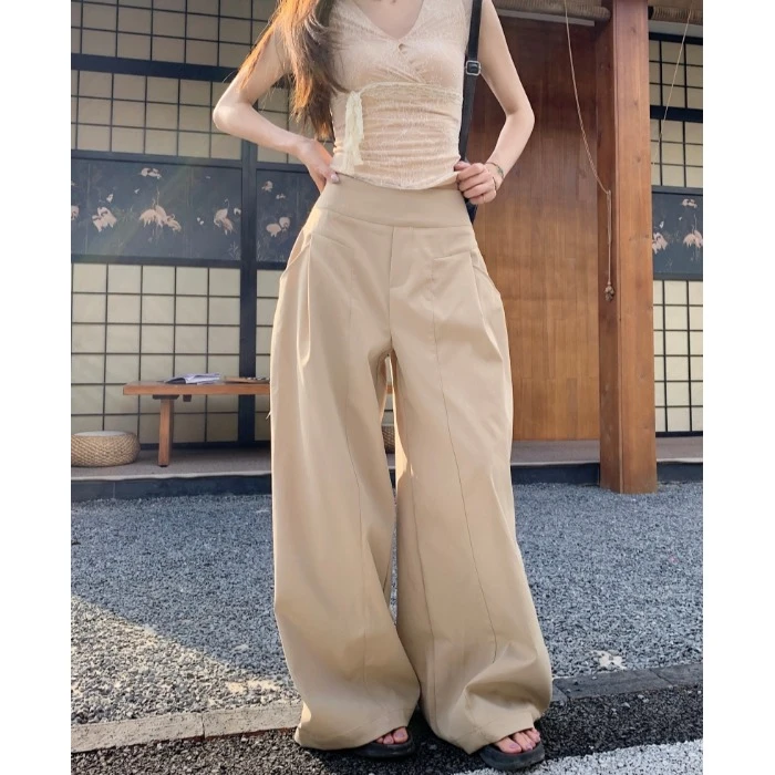 裤子女款爆款卡其色长裤夏季慵懒复古高腰休闲裤宽松阔腿拖地裤子