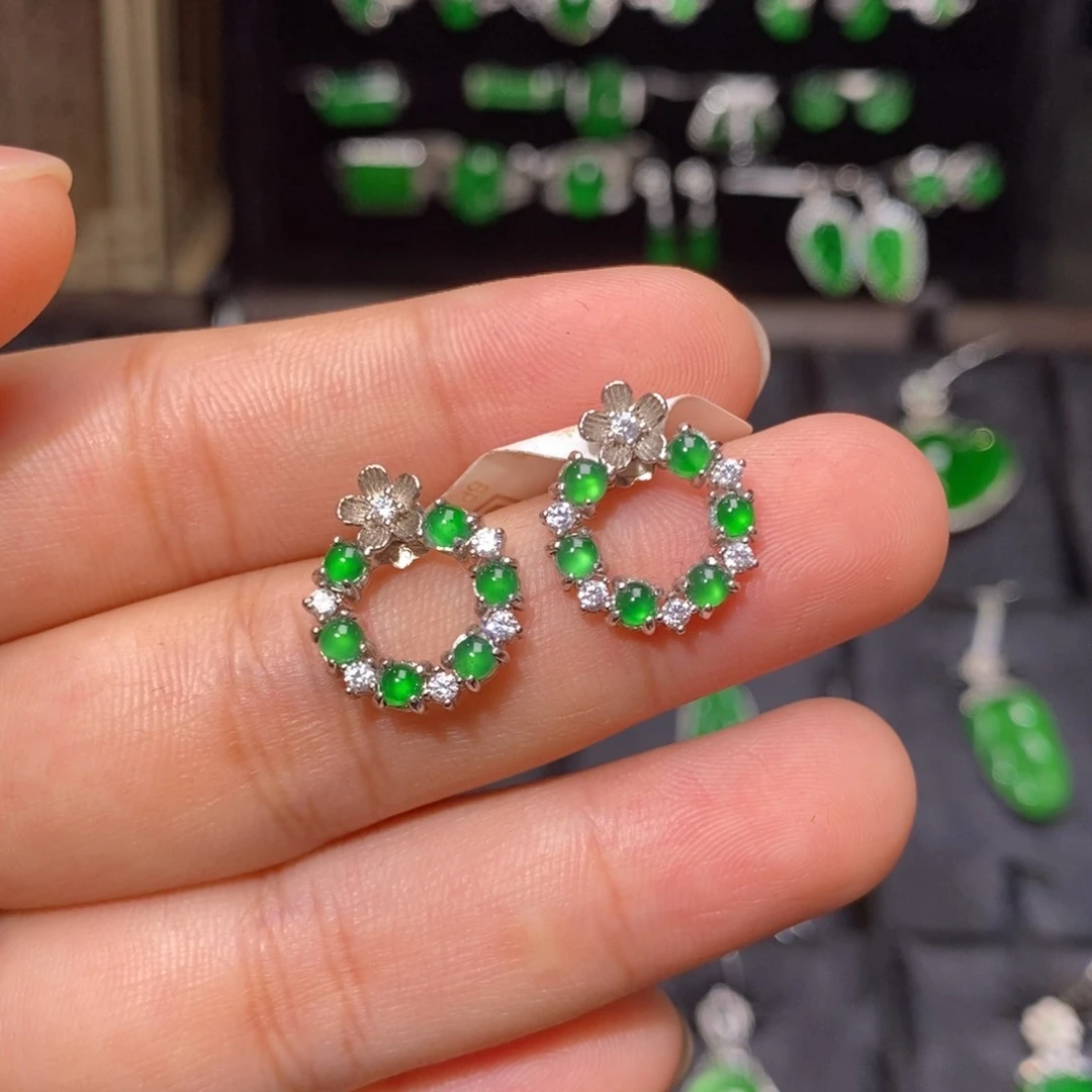 银S925镶嵌翡翠耳饰天然翡翠