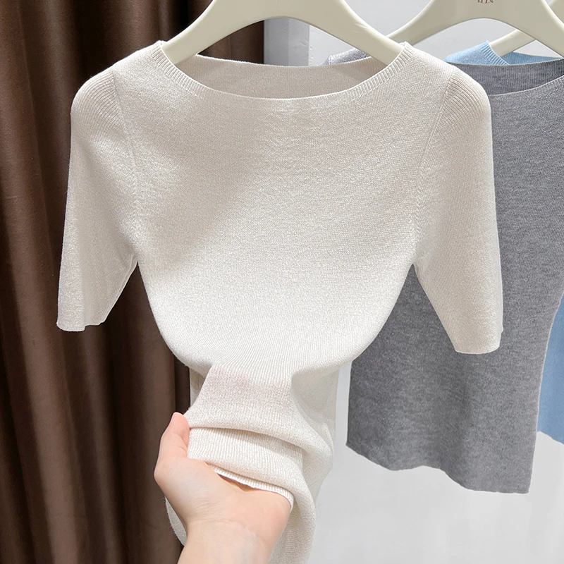 杏色五分袖软糯针织半袖上衣女2025新款一字领露锁骨斜肩打底T恤