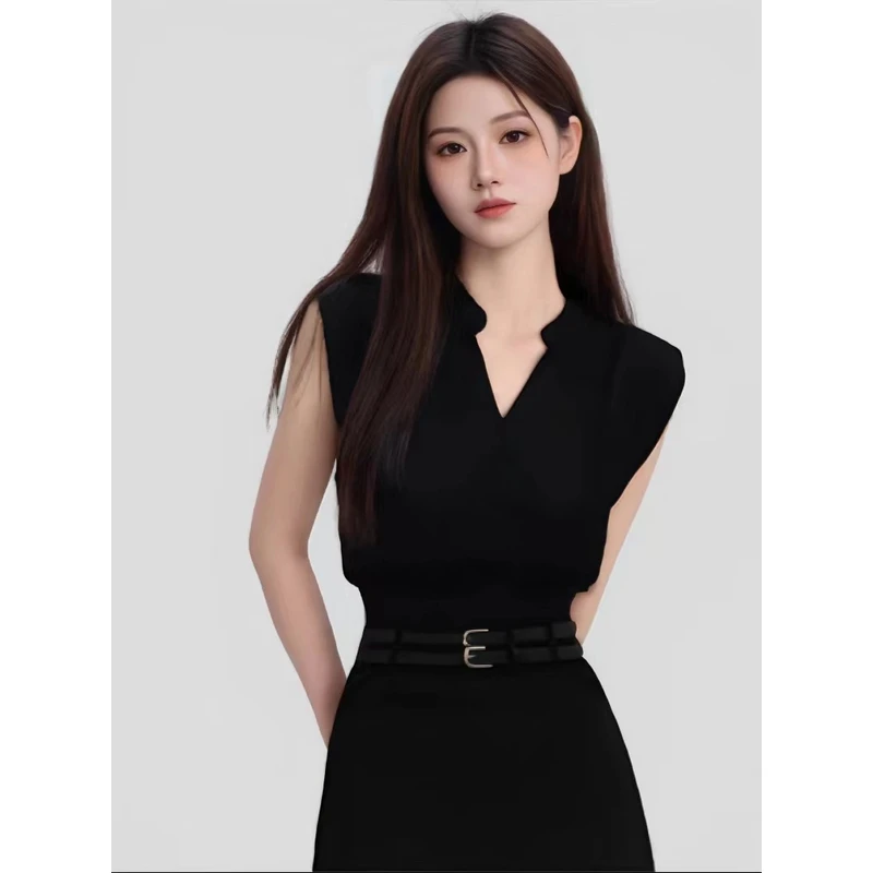 2024夏季女神套装无袖气质T恤黑色显瘦上衣设计感+半身裙配皮带
