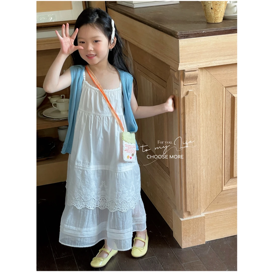 CHOOSE MORE 25夏季新款女童冰丝百搭开衫背心＋白色花边长裙