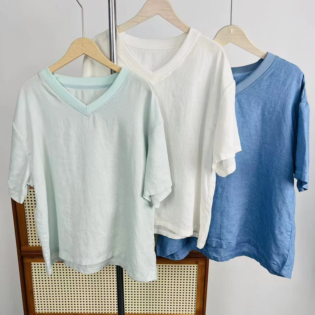 新款V领螺纹领口纯色T恤