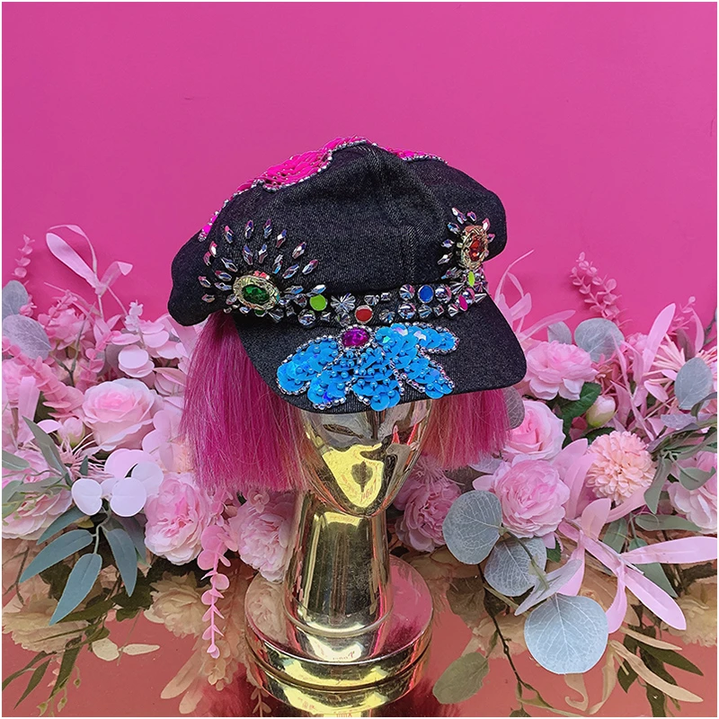 QD1534欧美设计师2025冬季新款重工刺绣亮片钉钻牛仔鸭舌蓓蕾帽女