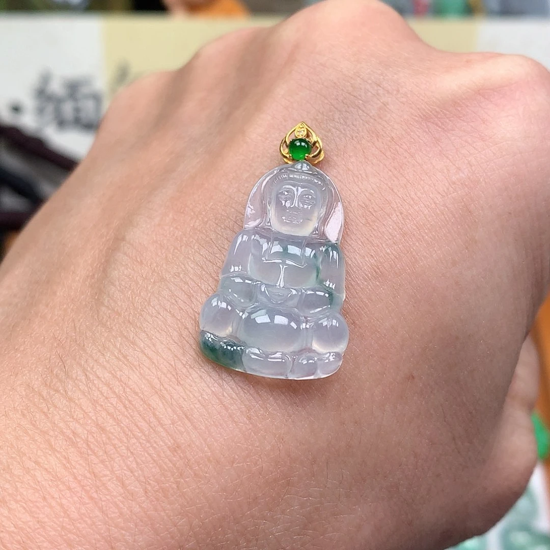 翡翠散珠18K金镶嵌缅甸天然A货翡翠冰种观音