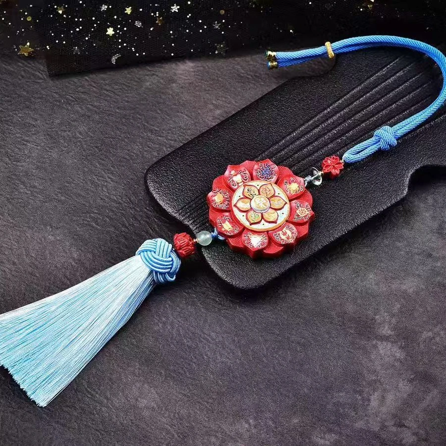 天然辰砂天然辰砂红砂彩绘八宝莲花吊坠车载车挂件装饰护身平安