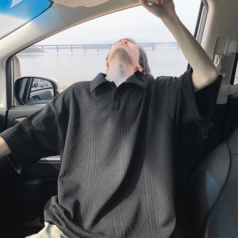 肌理感提花重磅polo衫短袖t恤男夏季潮牌大码半袖潮流宽松五分袖