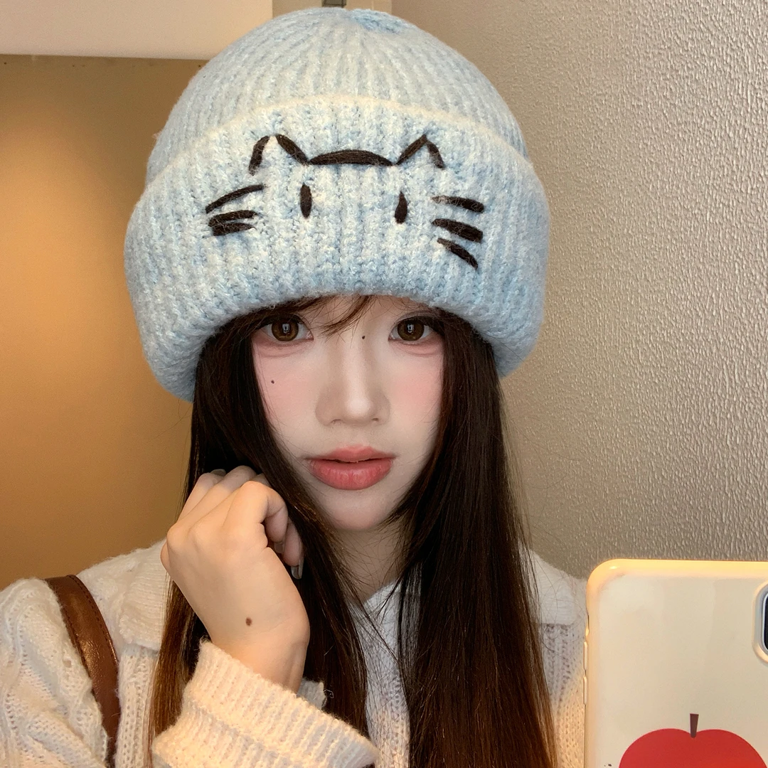 可爱猫咪蓝色针织帽女秋冬季韩版显脸小毛线帽大头围保暖包头帽子