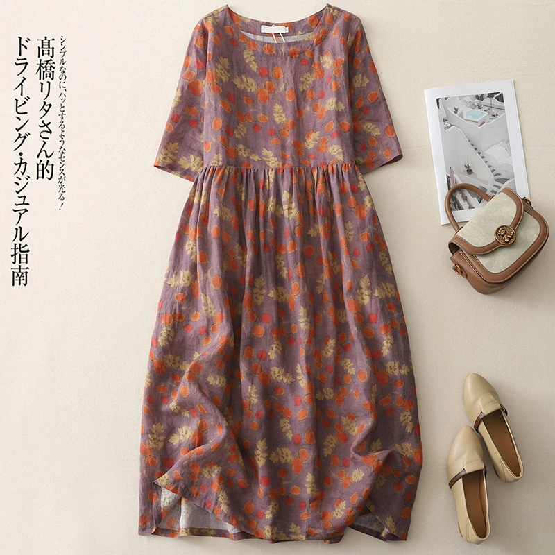 亚麻中袖裙子高端轻奢女装夏季时尚款复古洋气薄款小众设计连衣裙