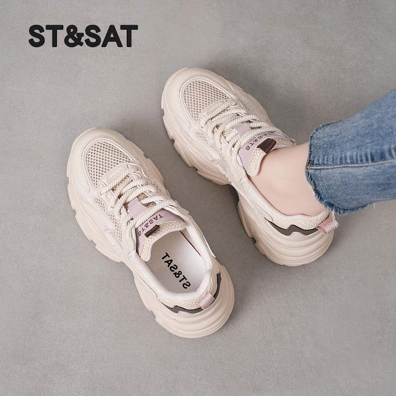 星期六夏季网面透气女鞋2025新款薄款网鞋老爹鞋女款厚底运动鞋子