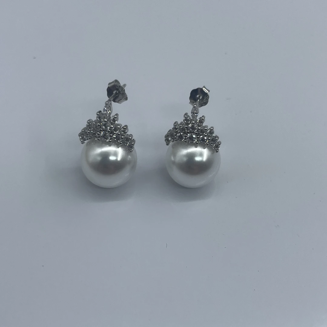 925银仿珍珠耳饰 冰雪女王，12mm正圆珠耳钉，贝珠耳钉，强光经典