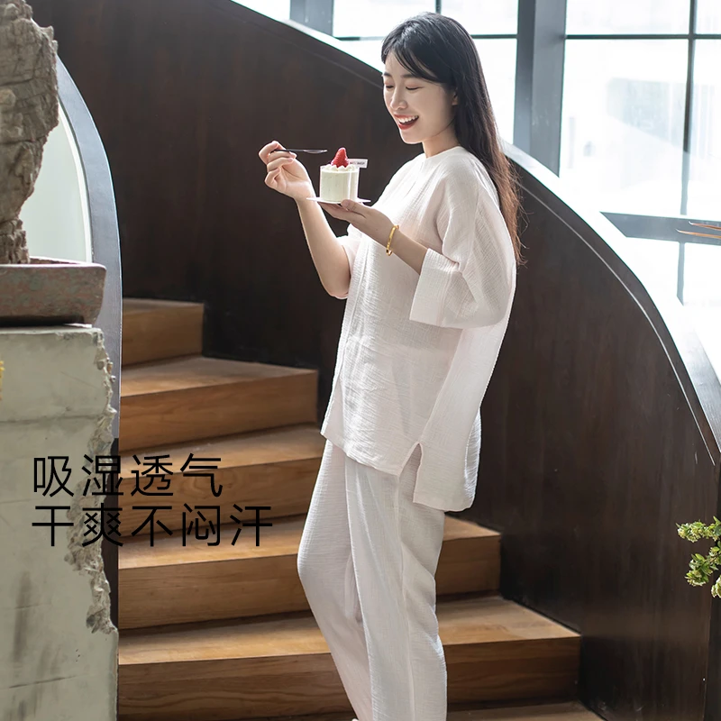 宜色家夏季100%纯棉双层纱布超软糯舒适家居服女款可外穿睡衣套装