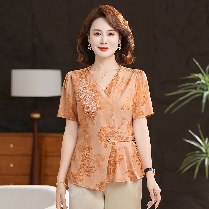 2025夏季妈妈装时尚气质亮片刻花折叠下摆夏季小衫短袖直筒裤女装