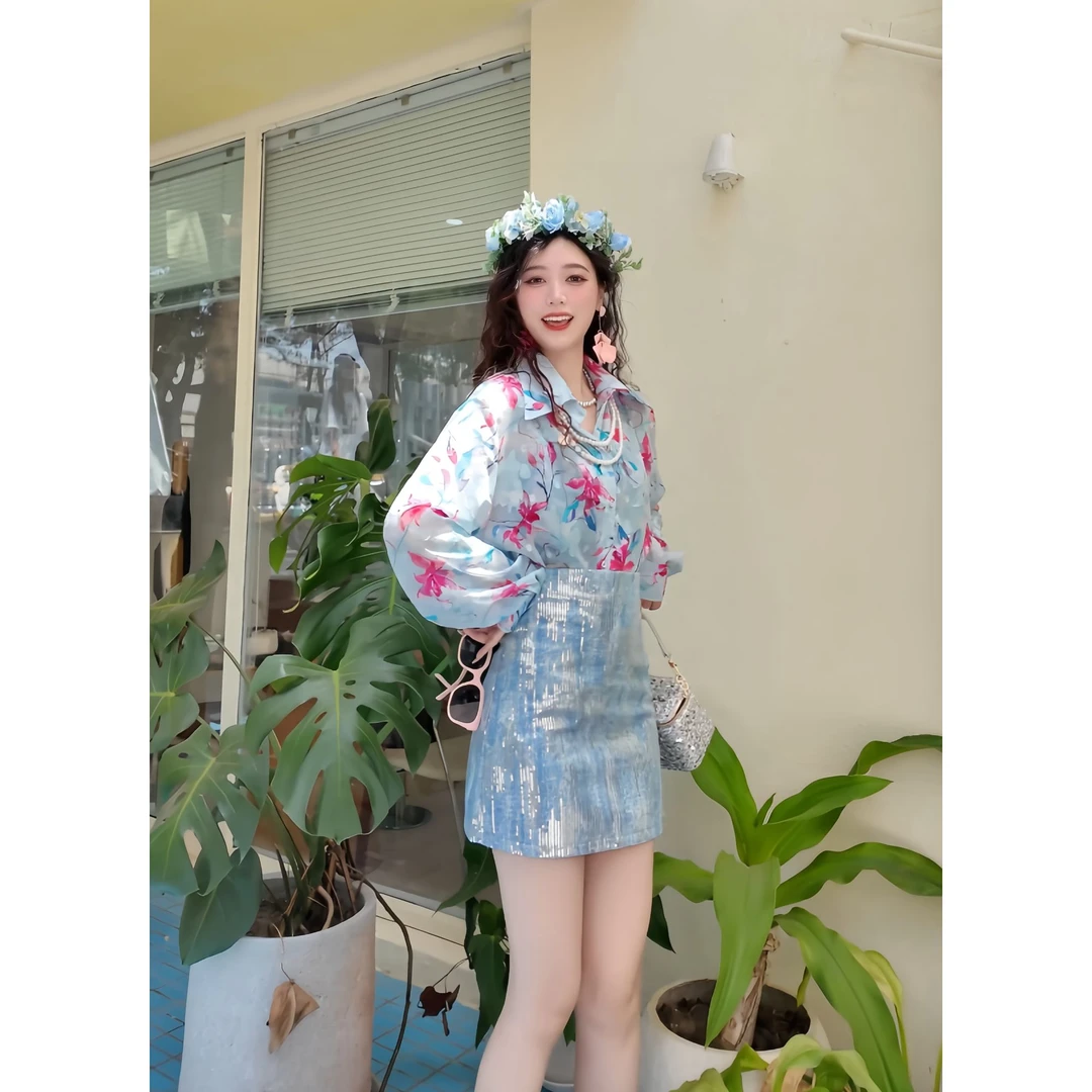 【猪猪】长袖衬衣韩版宽松休闲开衫外套新款夏季港风花间蓝衬衫女