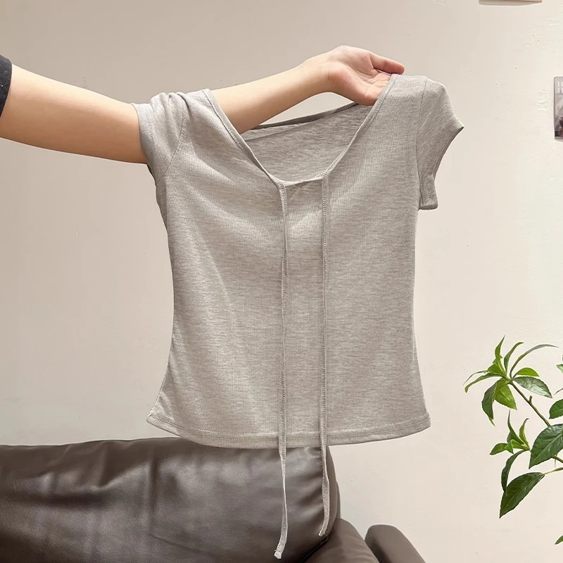 纯欲风百搭系带u领短袖T恤女夏季新款收腰显瘦正肩冰丝修身小上衣