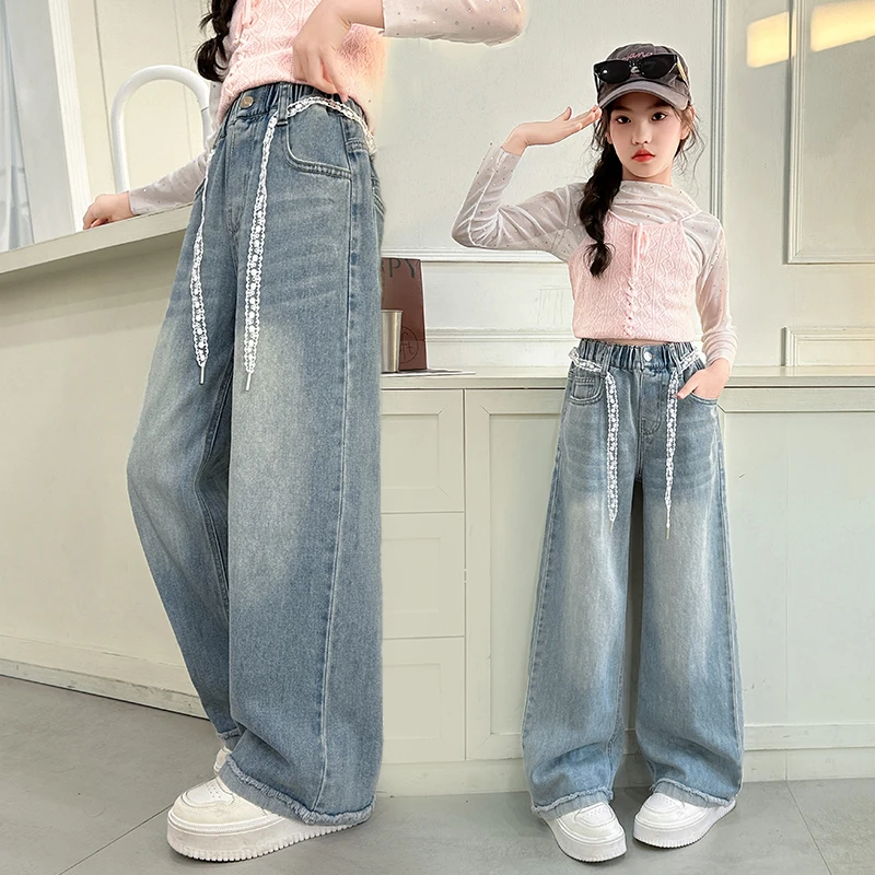 女童裤子2025新款春秋装时尚儿童中大童宽松直筒牛仔裤春季阔腿裤