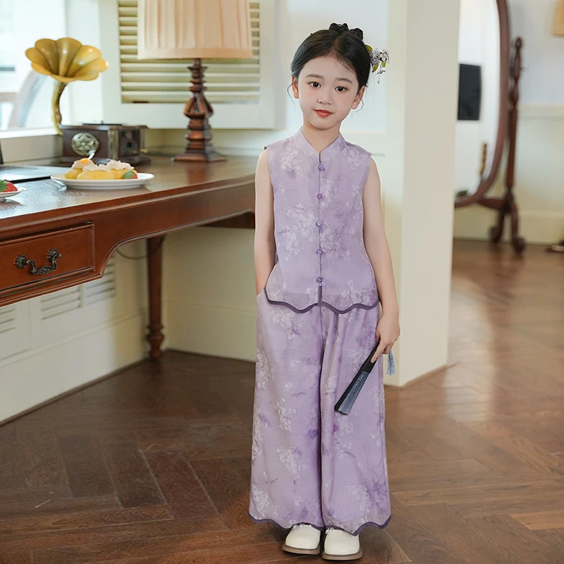53824女童夏装套装2025新款儿童汉服国风碎花两件套中式阔腿裤