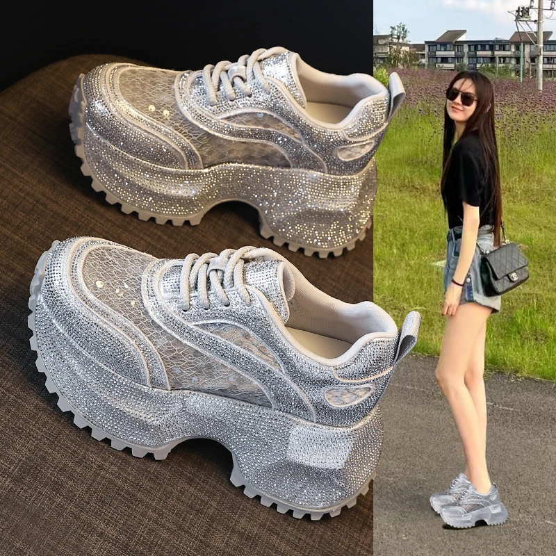 HS6968-1厚底内增高水钻时尚爆款老爹鞋女2025夏季新款松糕休闲鞋