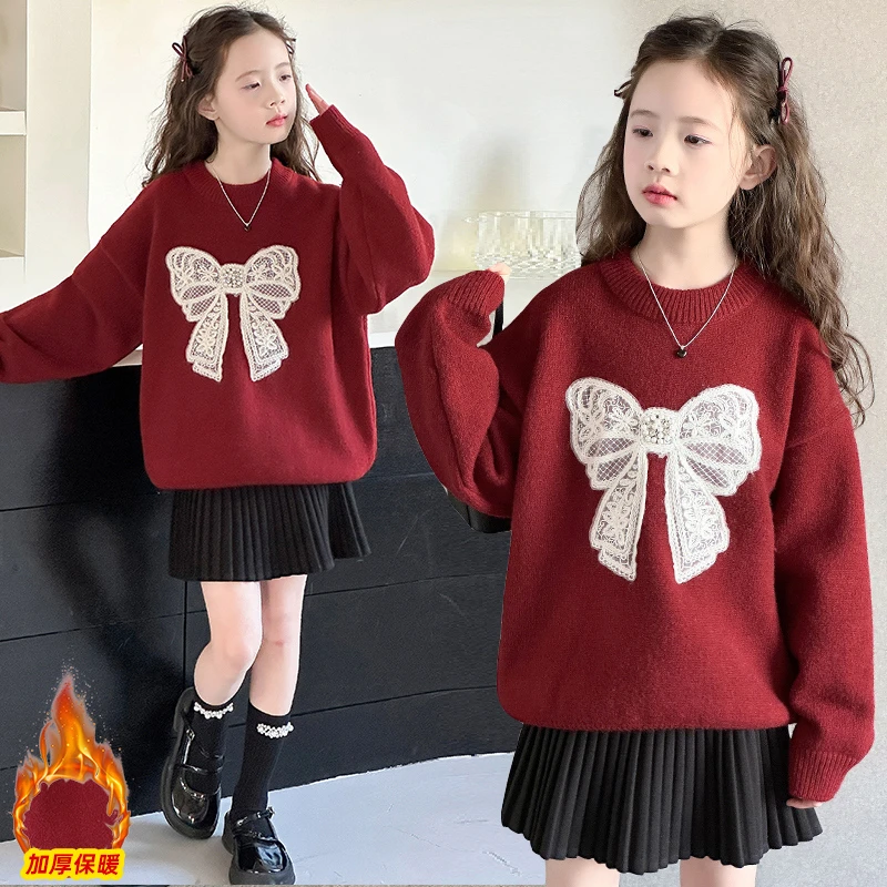 女童秋冬红色加厚毛衣韩版女孩时尚蝴蝶结针织衫中大童百搭上衣潮