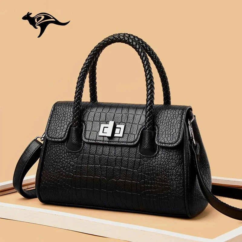 袋鼠真皮女包妈妈包大气女士手提包2025新款时尚牛皮单肩包斜挎包