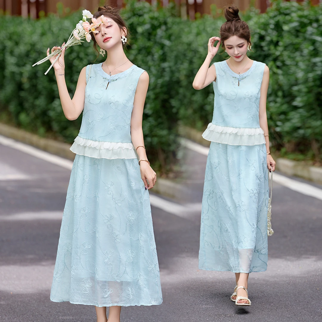 2025夏季爆款新中式国风轻熟风巨好看的蓝色无袖上衣两件套装裙女