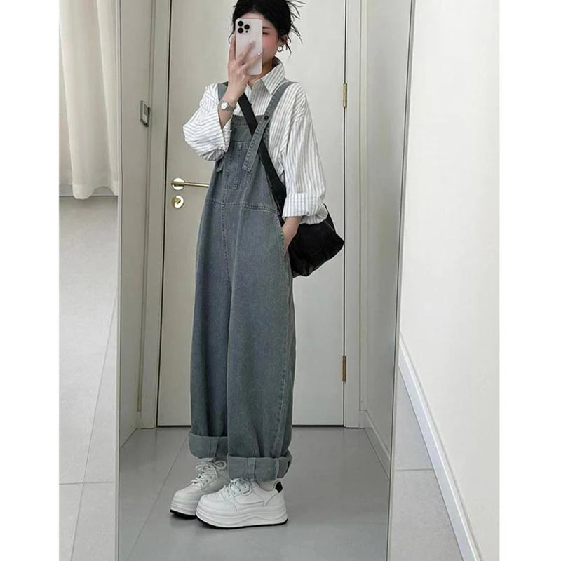 香朵儿慵懒风条纹衬衫牛仔背带裤2025春秋新款高腰显瘦两件套女