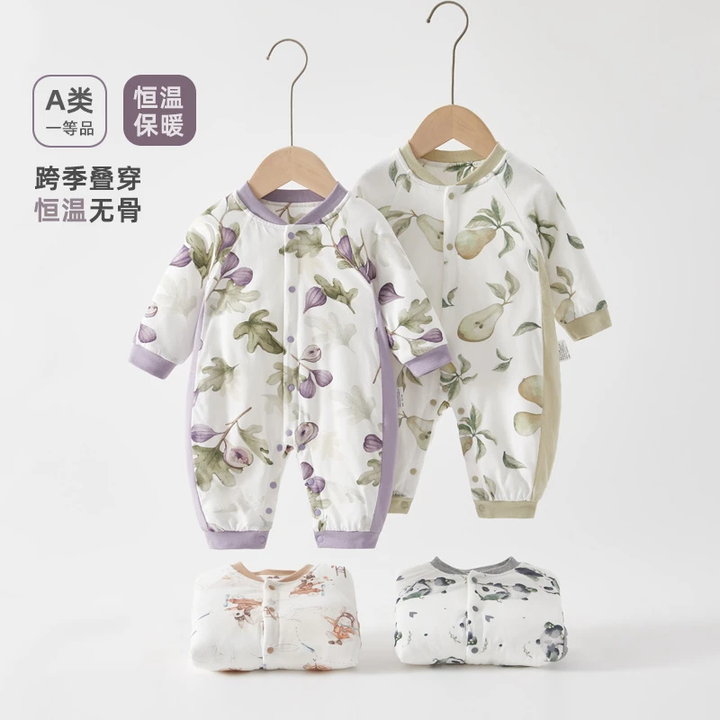 婴儿连体衣恒温夹棉保暖秋冬季男女宝宝薄棉衣新生儿衣服外出冬装
