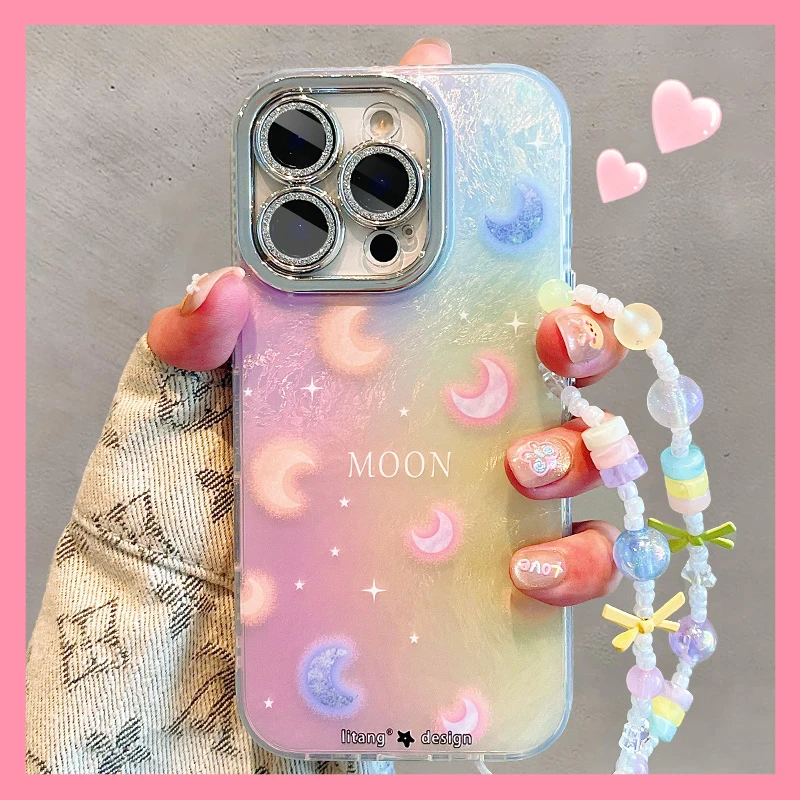 梦幻彩色晕染月亮适用苹果16promax手机壳新款iPhone15pro锡纸纹1