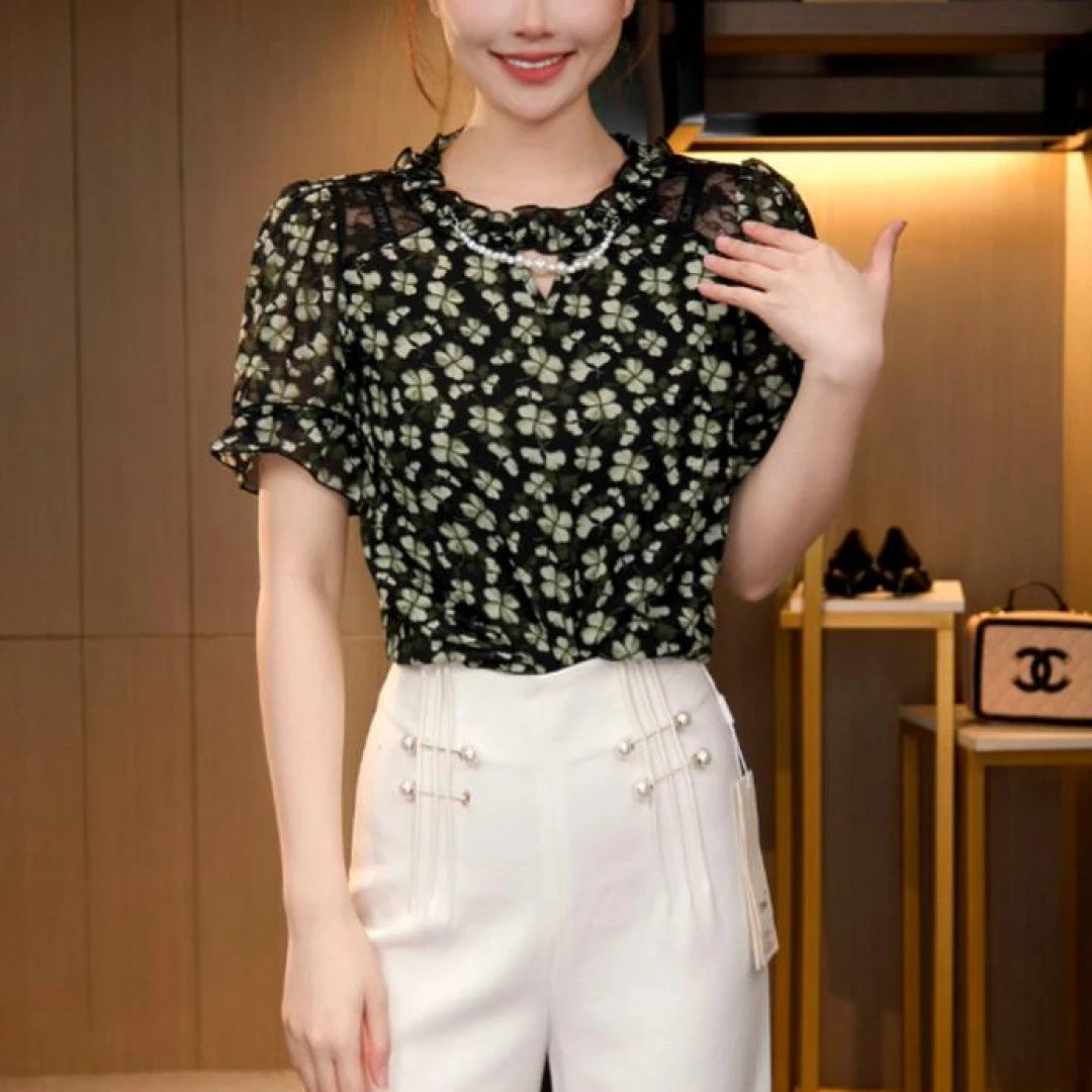 L4X2155 法式复古显瘦气质琉璃双绉丝T恤上衣