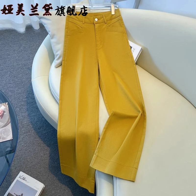 高品质黄色牛仔阔腿裤女春夏季2025新款爆款九分裤高腰垂感直筒裤